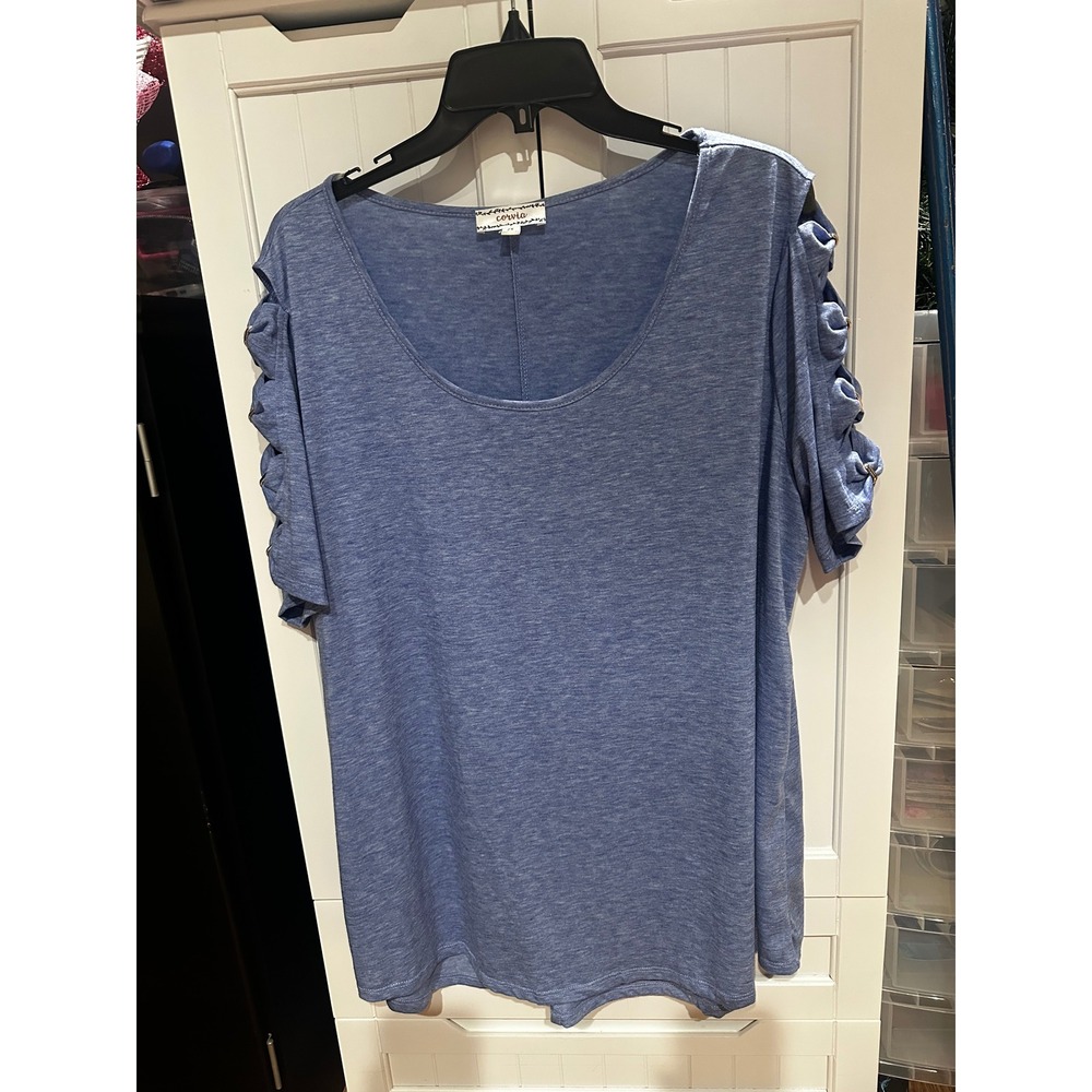 Corvia Womens Blue Heathered Cold Shoulder Ruched Bow Sleeve Top 2X DT4927X-PRS